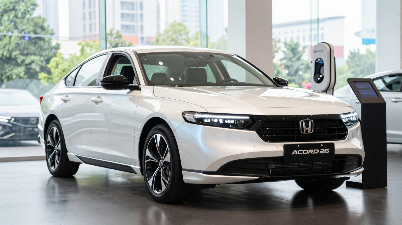 Voiture berline Honda Accord 26 blanche exposée dans un showroom moderne avec éclairage LED allumé.