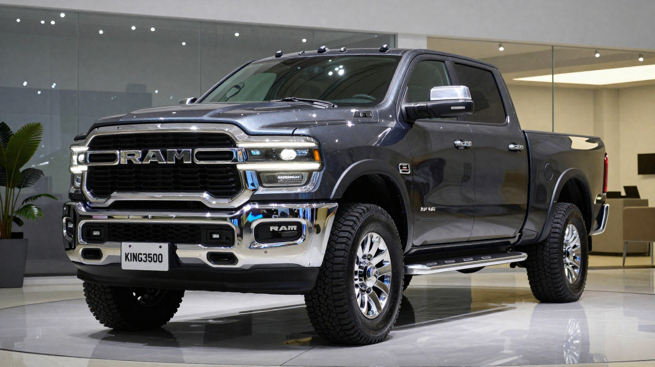 Camion pick-up RAM noir exposé dans un showroom moderne avec intérieur clair et plante verte.
