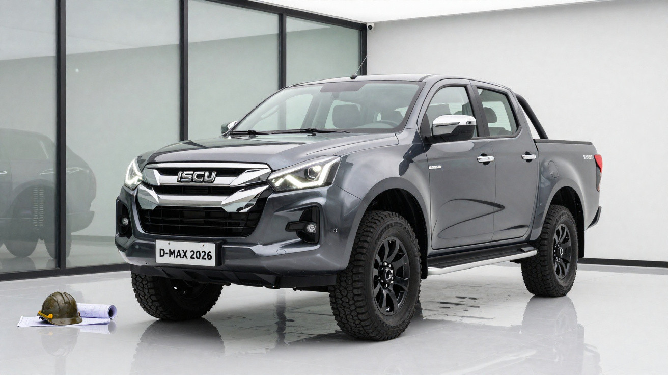 Pick-up gris foncé ISCU D-MAX 2026 garé dans un garage moderne avec un casque et plans au sol.