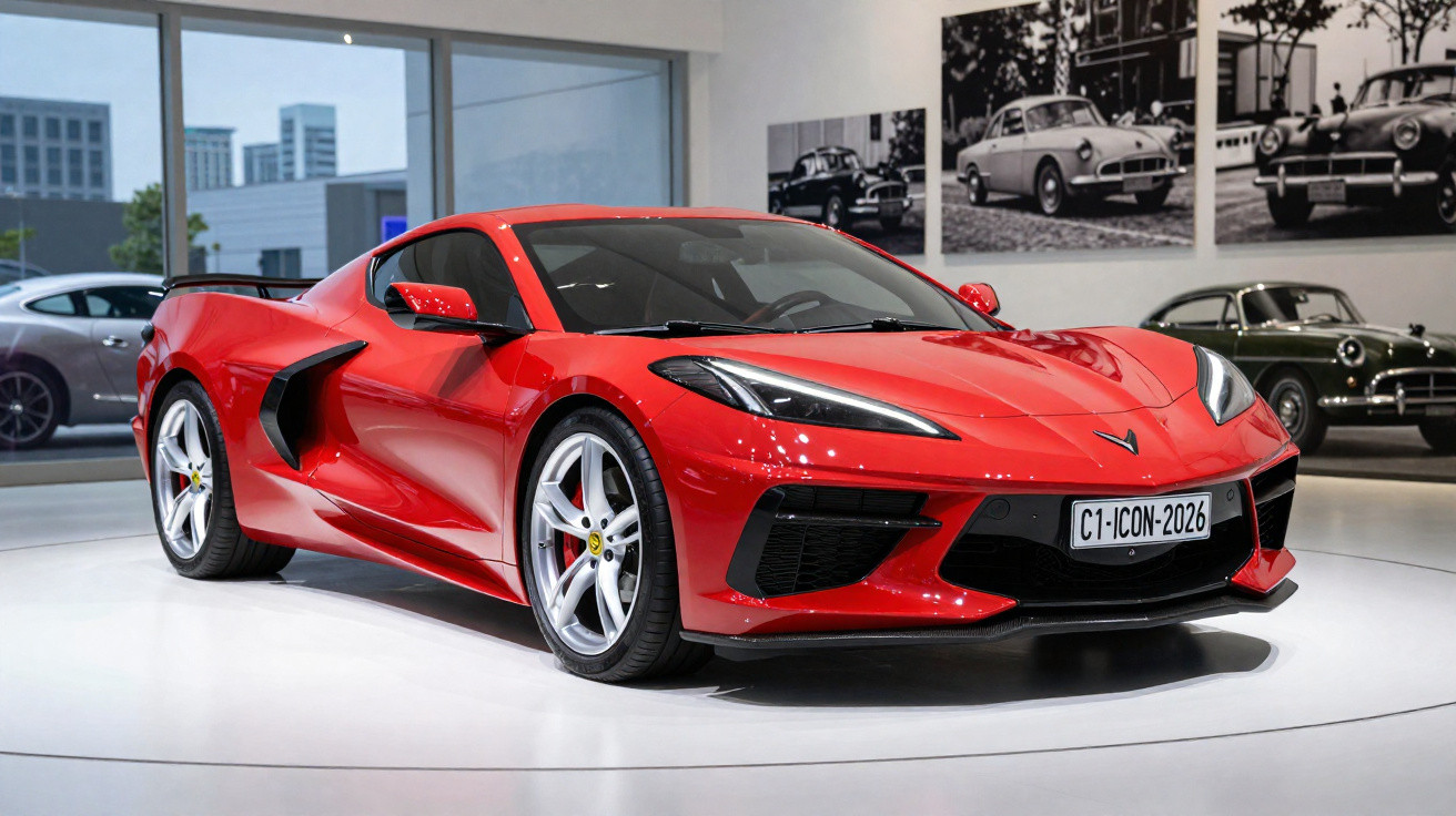 Voiture de sport rouge brillante exposée dans un showroom avec d'autres voitures classiques en arrière-plan.