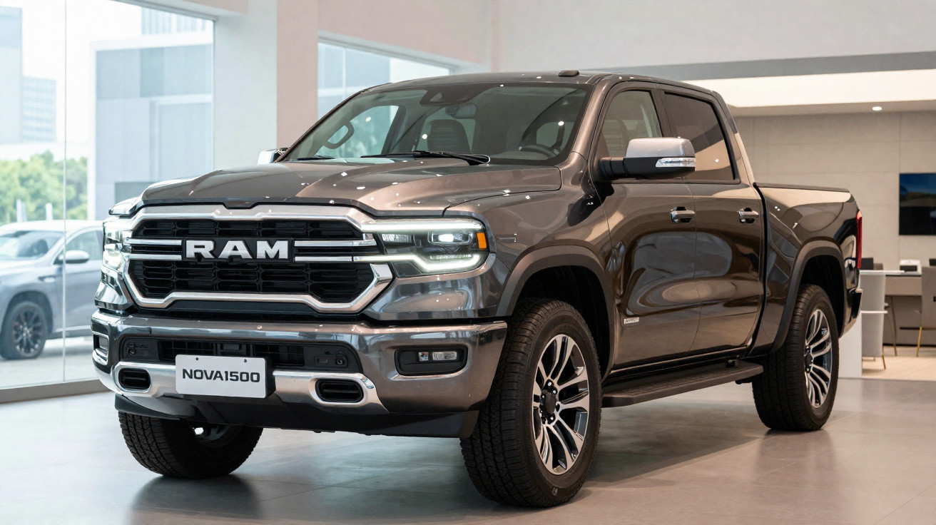 Pick-up RAM gris métallisé avec quatre portes exposé dans un showroom lumineux moderne.