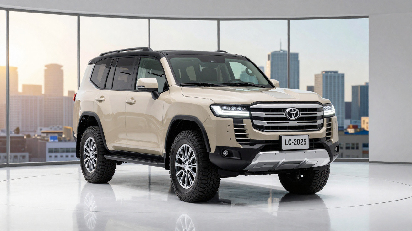 SUV Toyota beige moderne en intérieur avec fond de skyline urbaine au coucher du soleil.