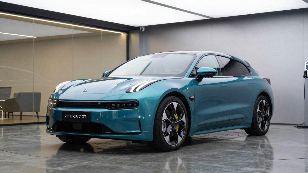 Voiture électrique sportive bleue Zeekr 007 GT stationnée dans un showroom moderne et épuré.