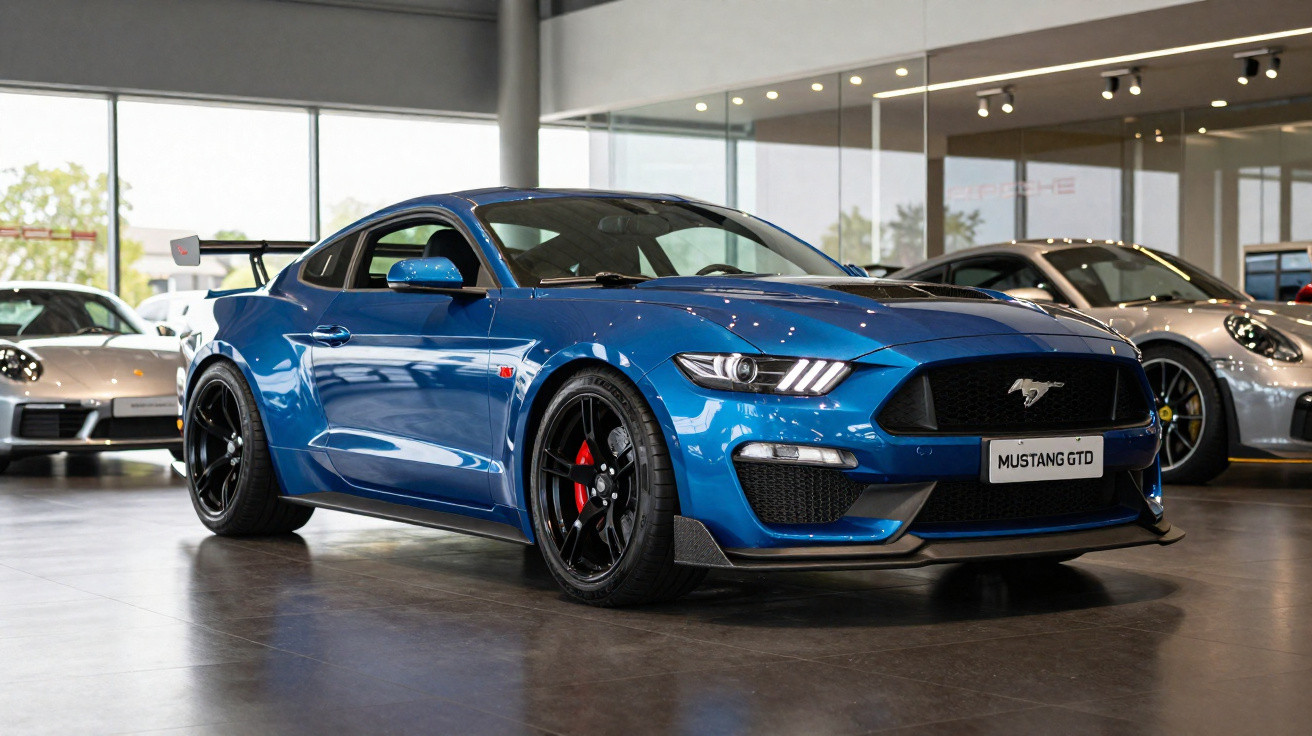 Voiture de sport Ford Mustang GTD bleu métallique exposée dans un showroom moderne avec vitres panoramiques.