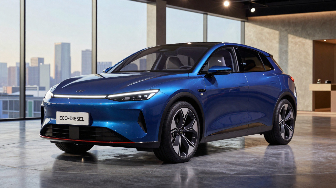Vue avant d'une voiture bleu métallisé avec plaque ECO-DIESEL dans un showroom moderne à grandes baies vitrées.