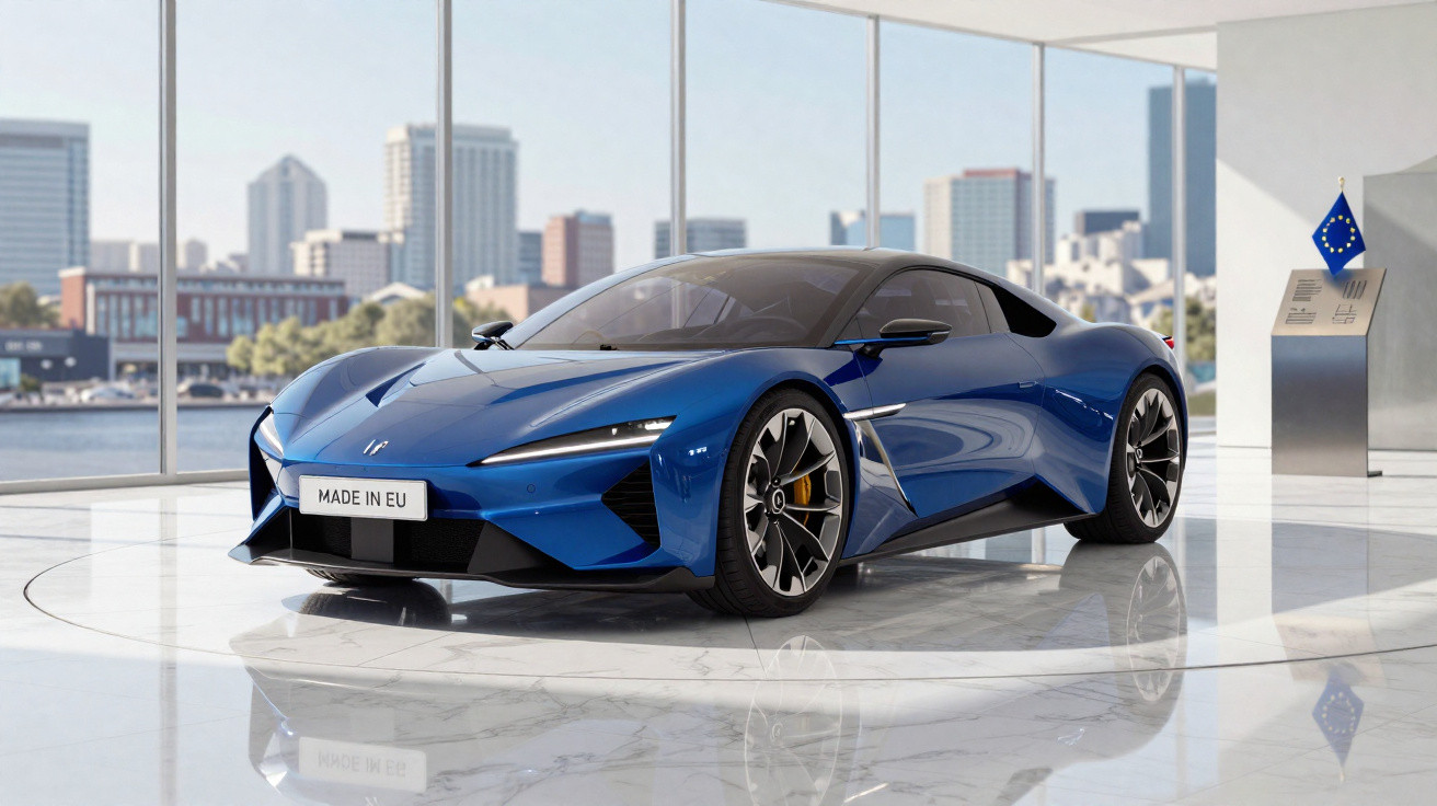 Voiture sportive électrique bleue exposée dans un showroom moderne avec vue sur la ville via de grandes baies vitrées.