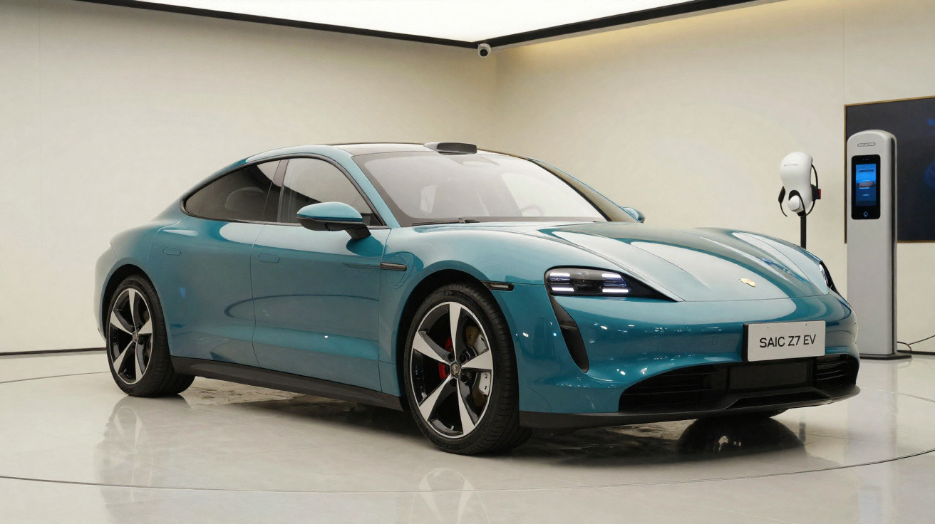 Voiture électrique bleue moderne Porsche SAIC Z7 EV en showroom avec borne de recharge murale.