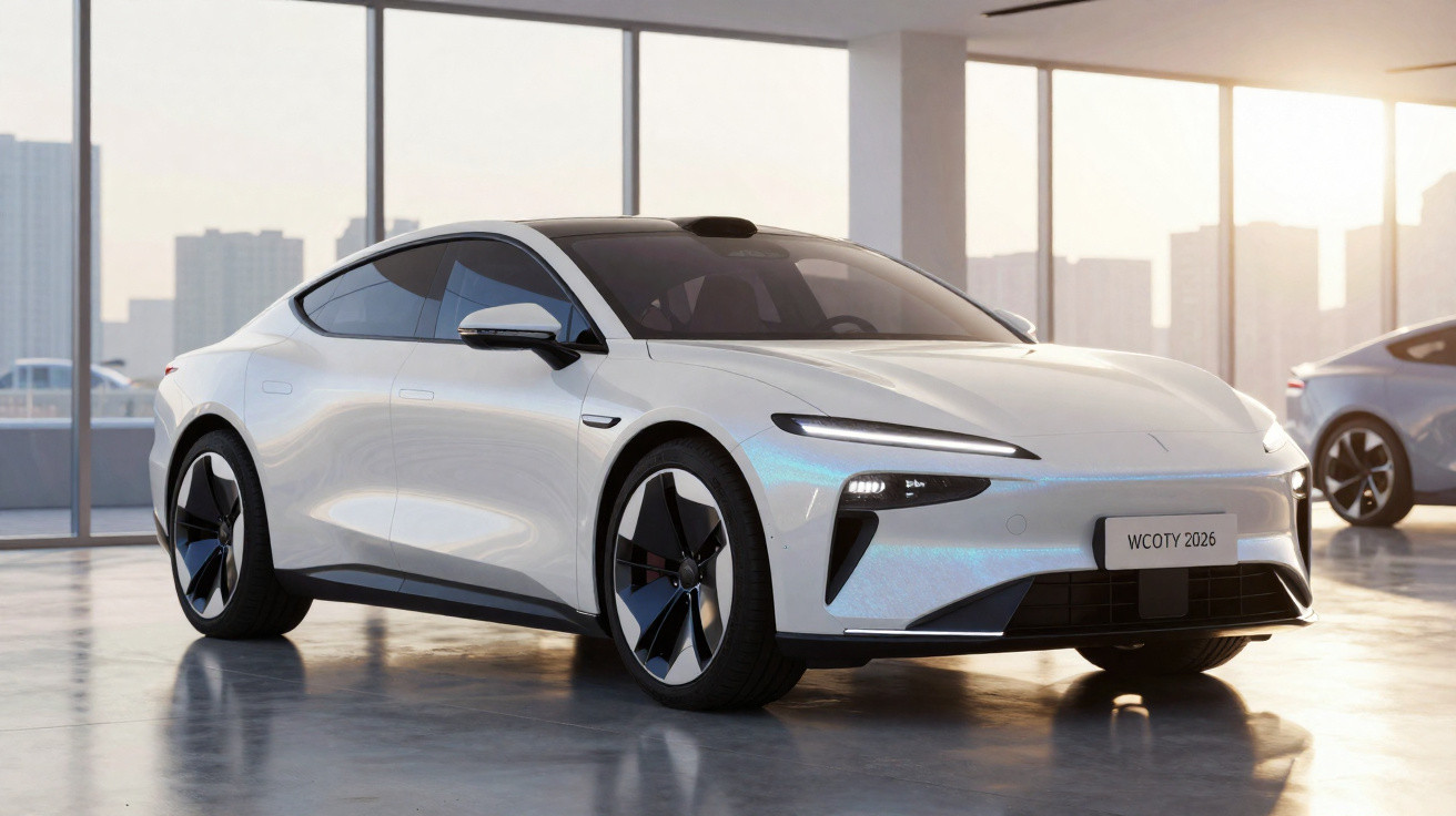 Voiture électrique sport blanche moderne garée dans un showroom lumineux avec grandes fenêtres et vue urbaine.