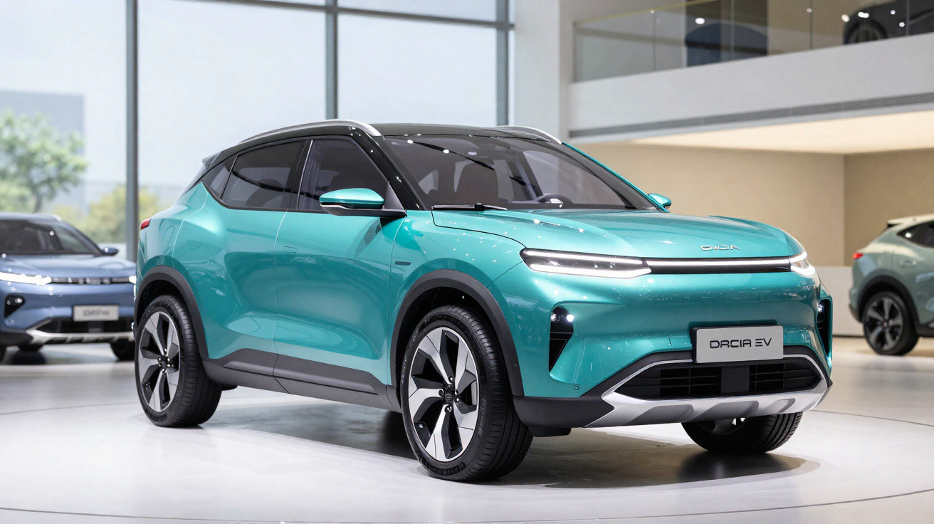 Voiture électrique Dacia EV turquoise exposée dans un showroom moderne avec de grandes fenêtres.