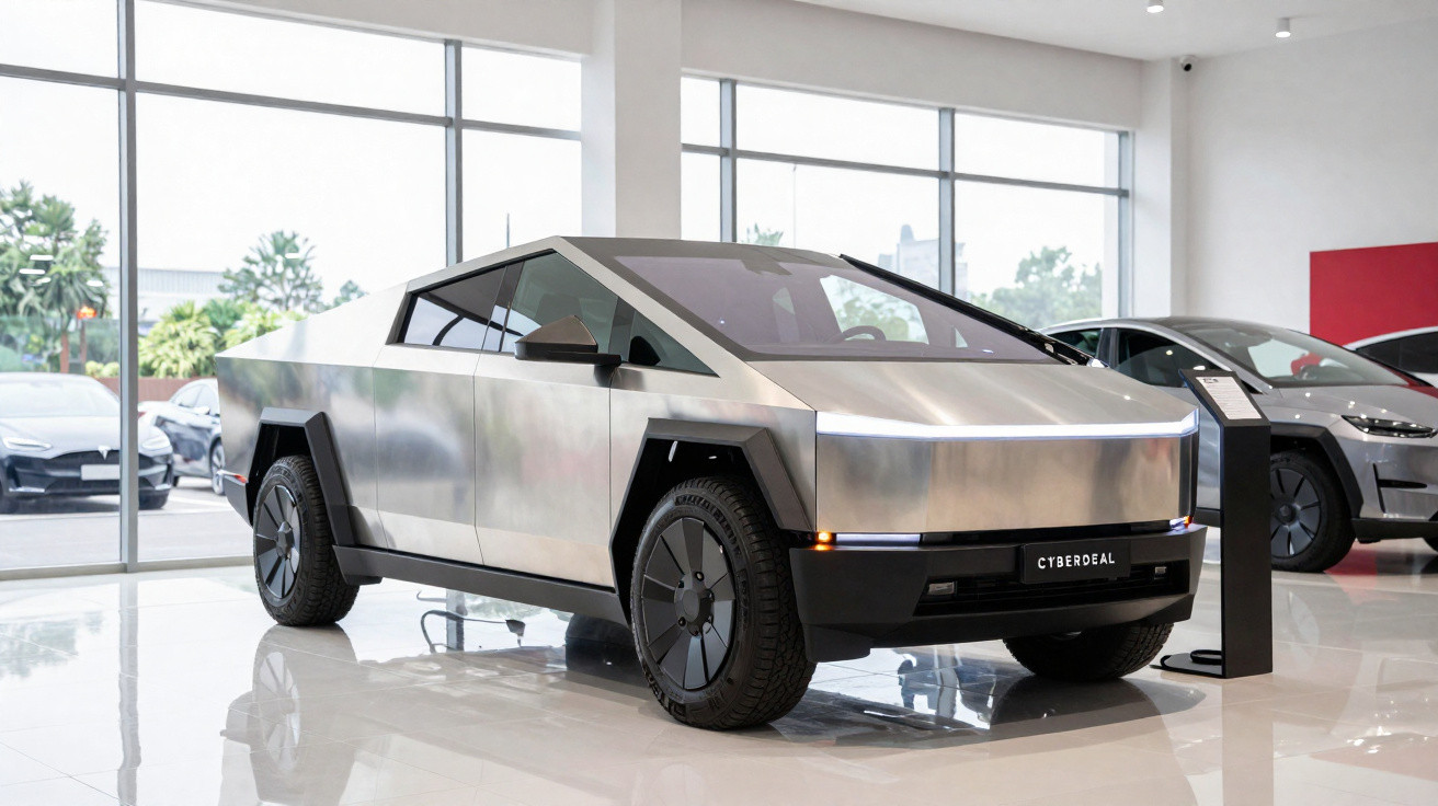 Voiture électrique futuriste à carrosserie angulaire en acier brossé exposée dans un showroom lumineux.