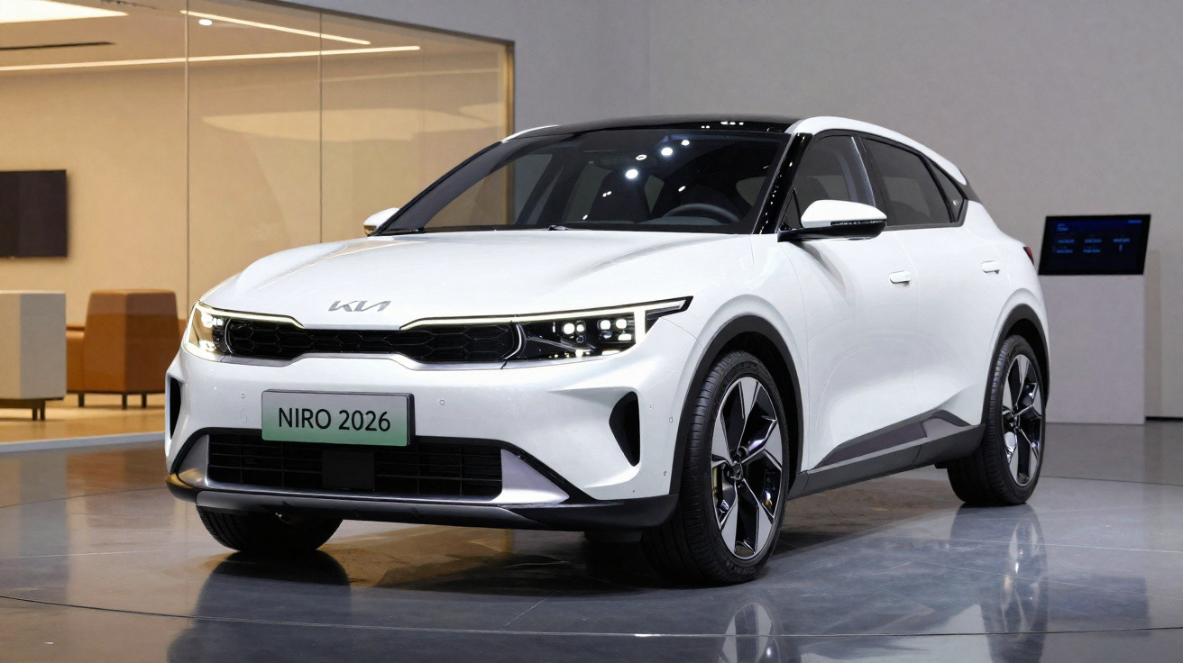 Voiture électrique blanche Kia Niro 2026 exposée dans un showroom moderne avec sol brillant.