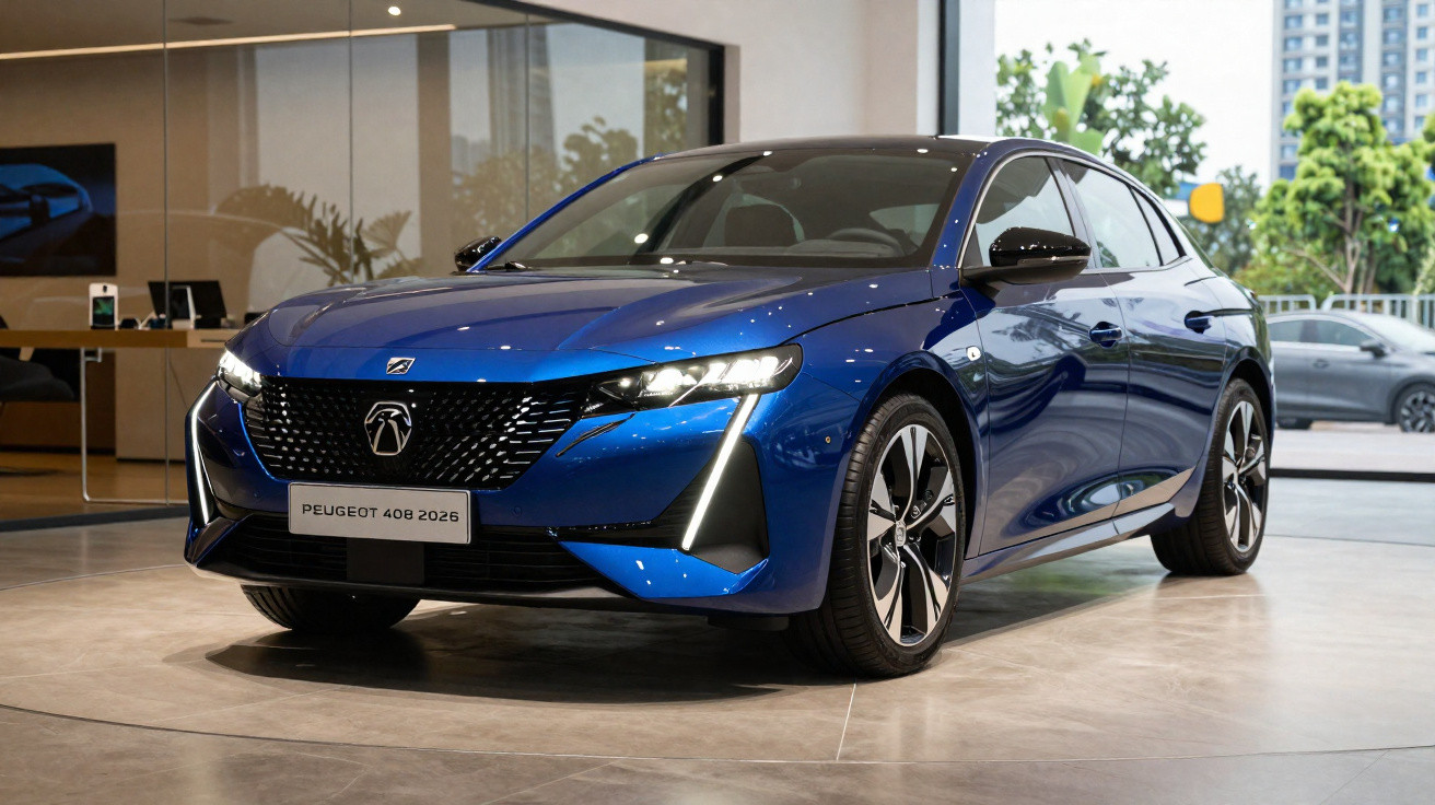 Voiture Peugeot 408 2026 bleu métallisé exposée dans un showroom moderne avec grandes fenêtres.