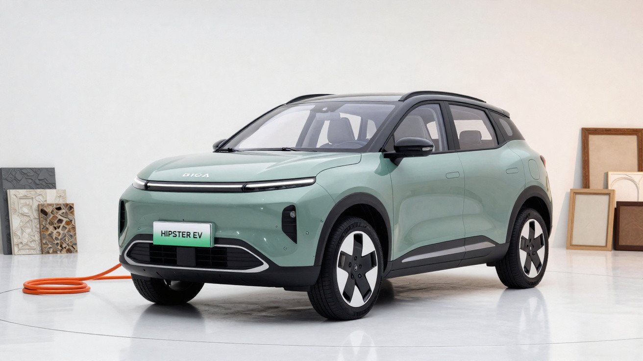 Voiture électrique Dica Hipster EV verte branchée dans un intérieur minimaliste avec cadres au mur.