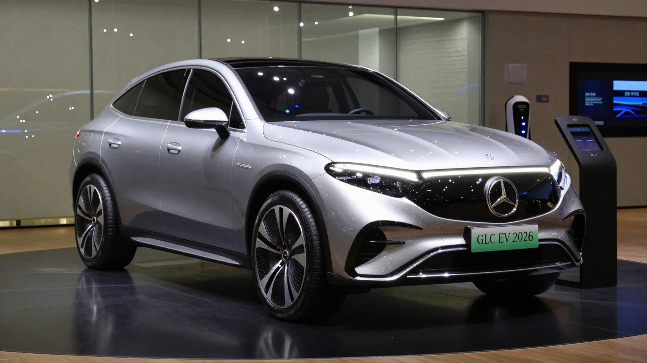 SUV électrique Mercedes-Benz GLC EV 2026 argent exposé en intérieur avec borne de recharge à proximité.