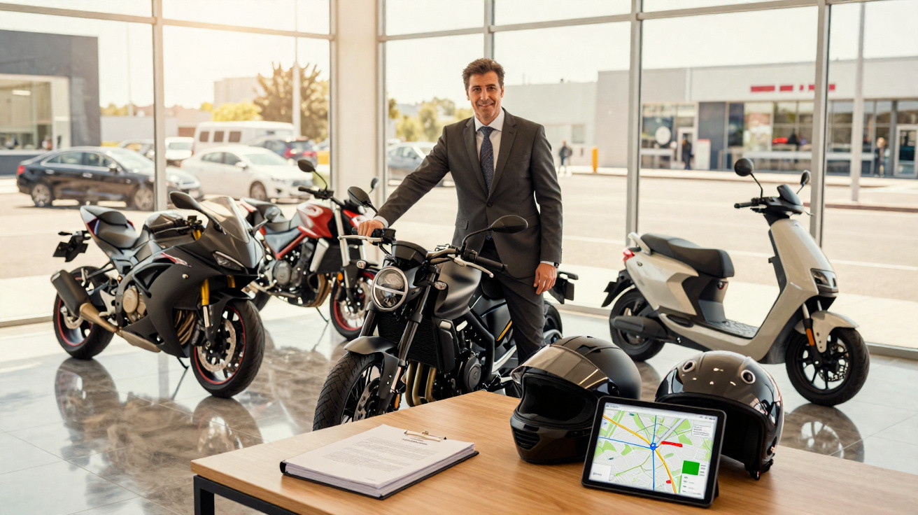 Homme en costume debout dans un showroom de motos avec casques et tablette affichant un GPS sur une table.