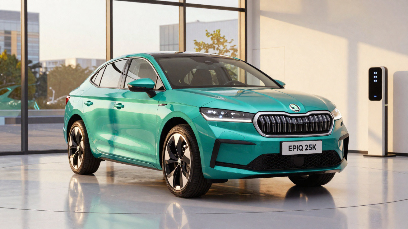 Voiture électrique Škoda EPIQ 25K verte exposée dans un showroom lumineux avec borne de recharge proche.