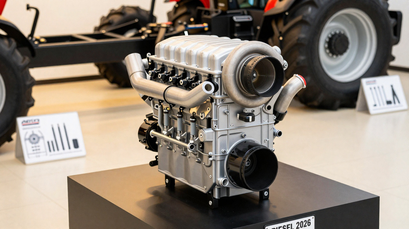 Moteur diesel 2026 exposé sur un socle noir avec roues de véhicule agricole en arrière-plan.