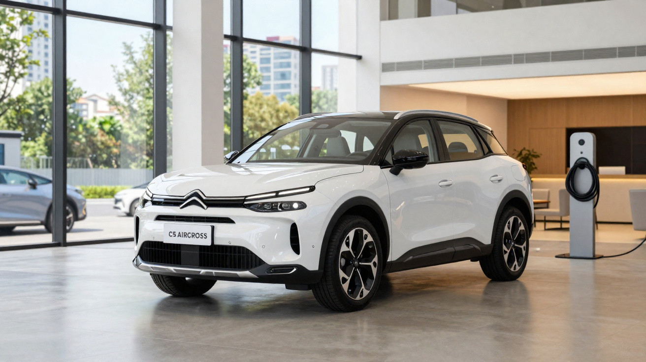 Citroën C5 Aircross blanc en exposition dans un showroom moderne avec borne de recharge électrique.
