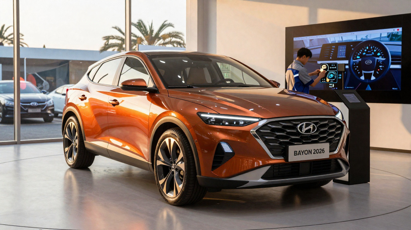 Voiture Hyundai Bayon orange exposée dans un showroom moderne avec un écran interactif en arrière-plan.