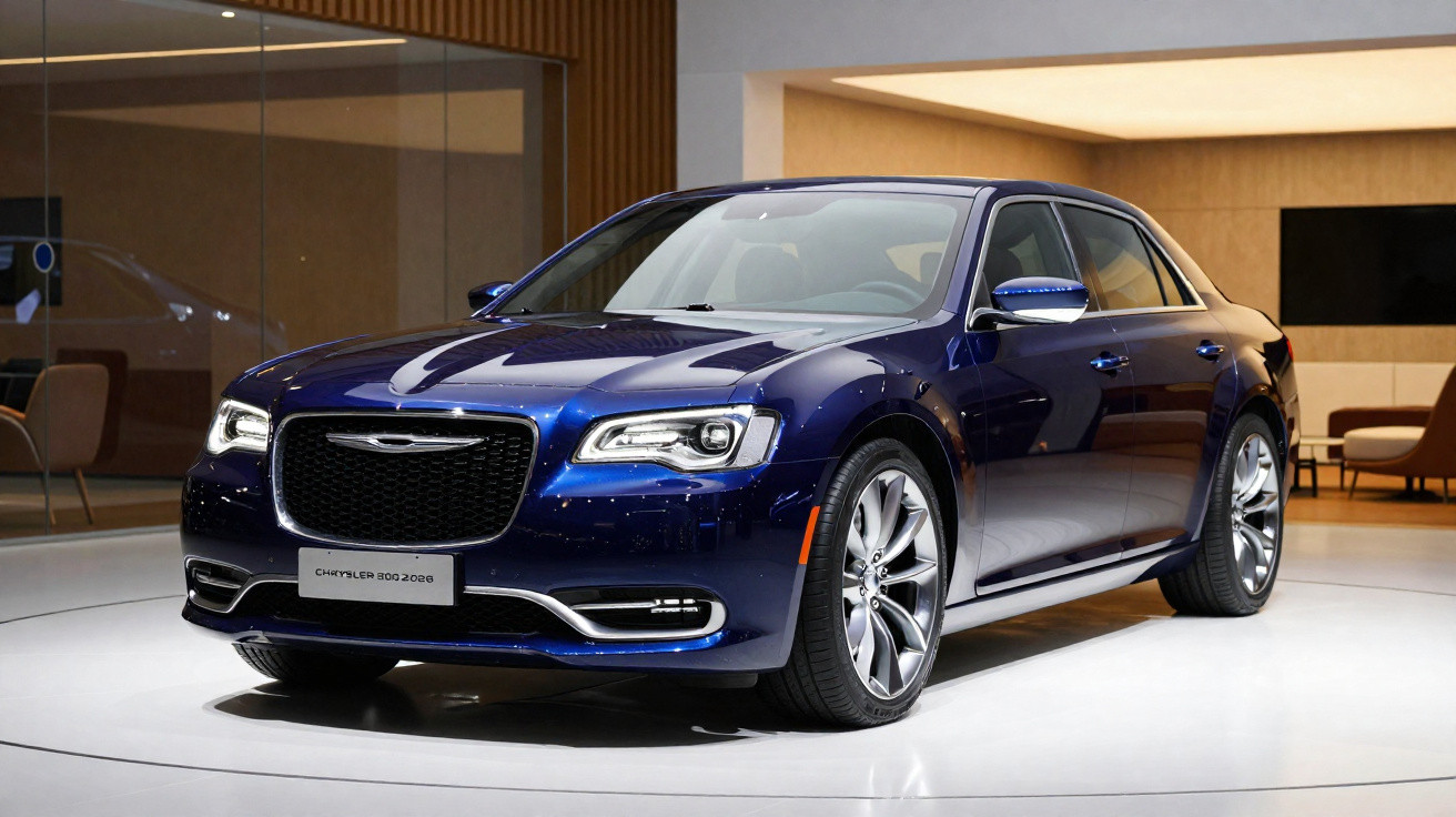 Voiture berline Chrysler 300 bleu métallisé exposée dans un showroom moderne et lumineux.