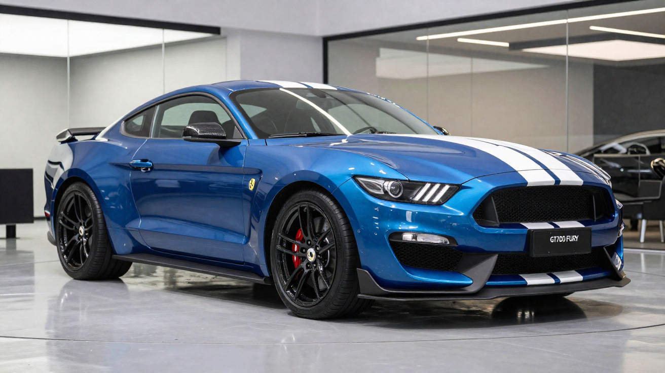 Voiture de sport bleue avec bandes blanches, jantes noires, et freins rouges dans un showroom lumineux.