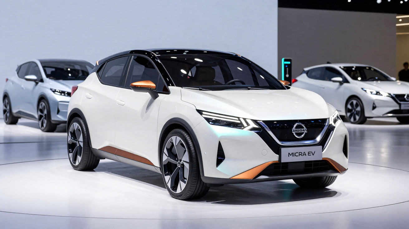 Voiture électrique Nissan Micra EV blanche exposée dans un salon automobile moderne.