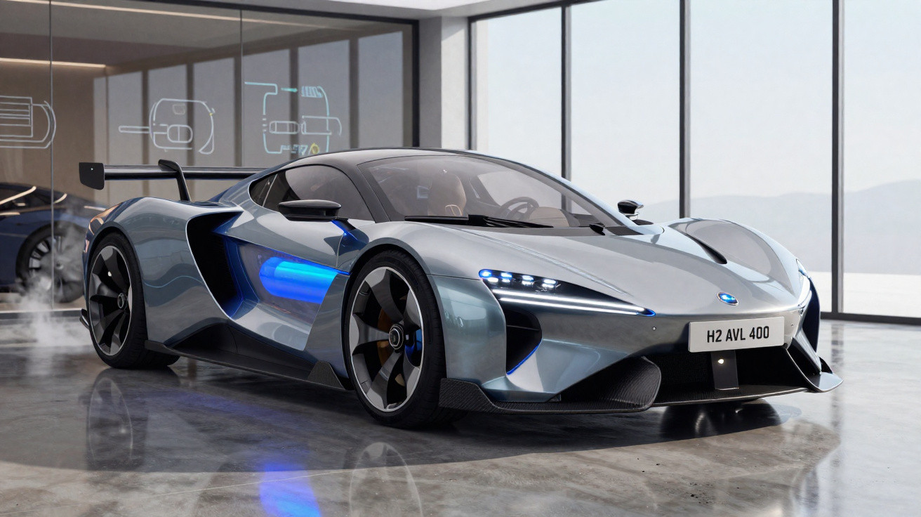 Voiture de sport électrique futuriste grise avec éclairage bleu, exposée dans un showroom moderne vitré.