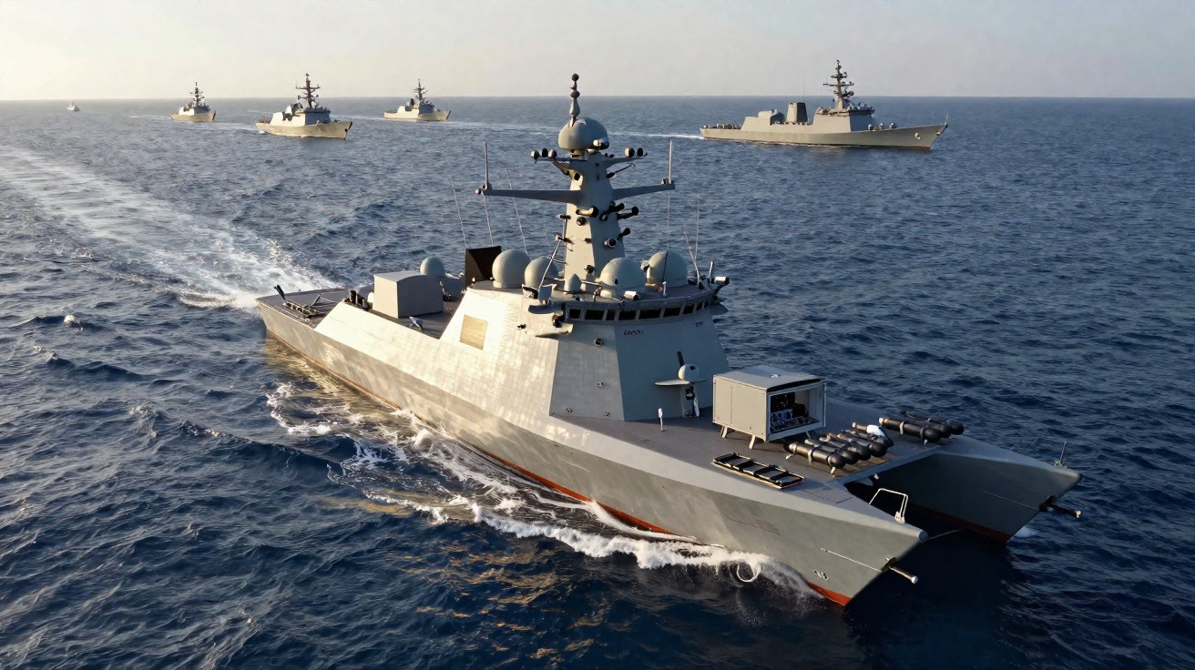 Cinq navires militaires gris naviguent en ligne sur une mer calme sous un ciel clair.