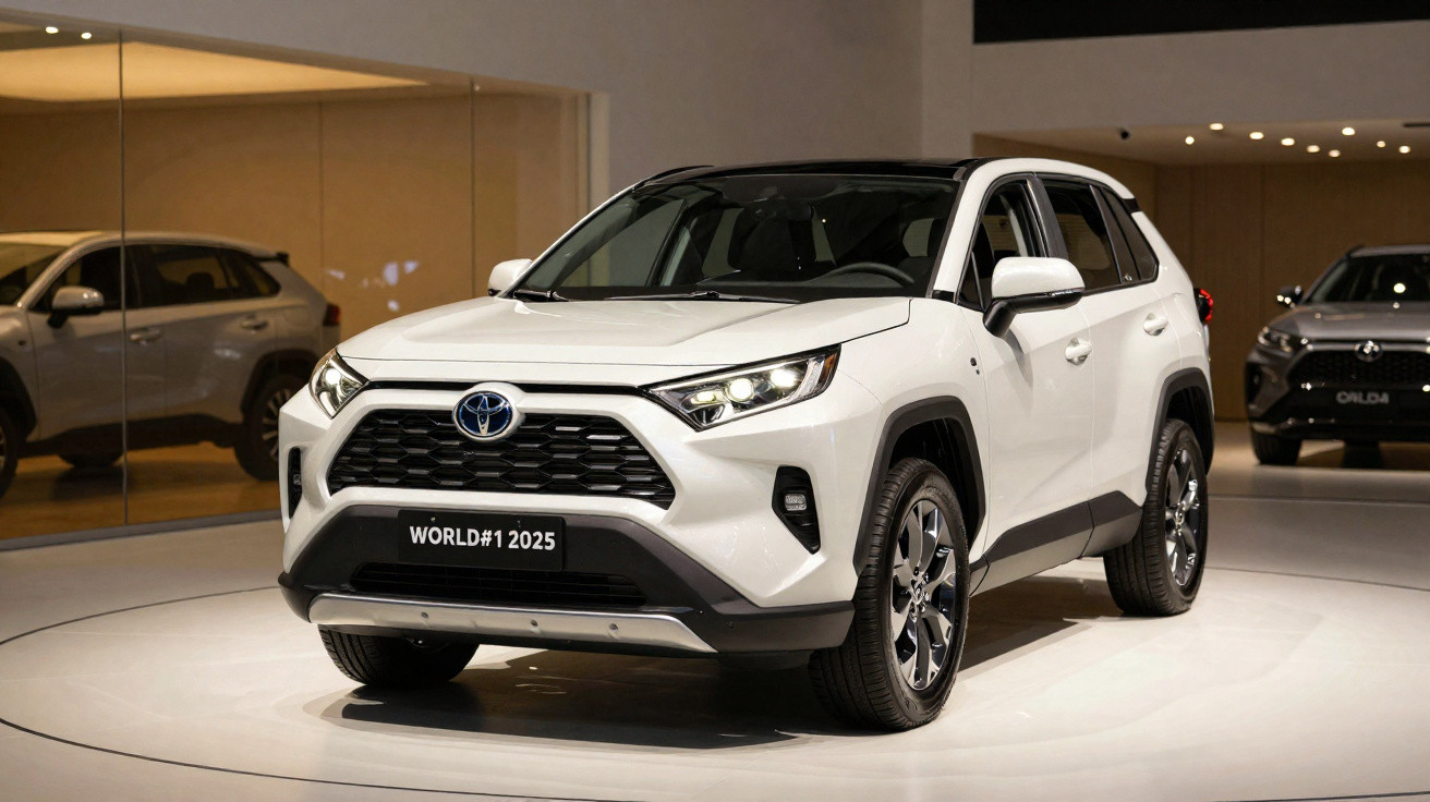 Véhicule Toyota RAV4 blanc exposé en salle d'exposition avec éclairage et reflet miroir visible.