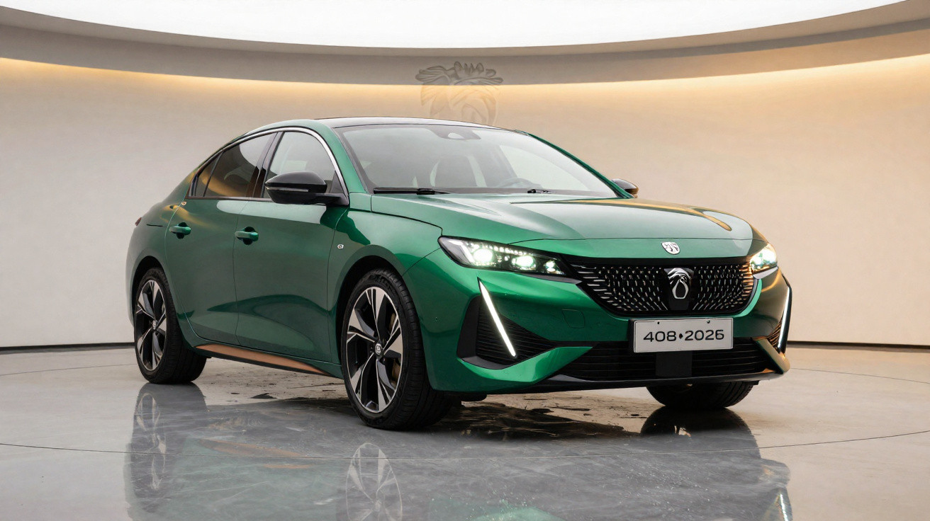 Voiture berline verte Peugeot 408 modèle 2022 exposée sur un sol brillant dans une salle moderne.