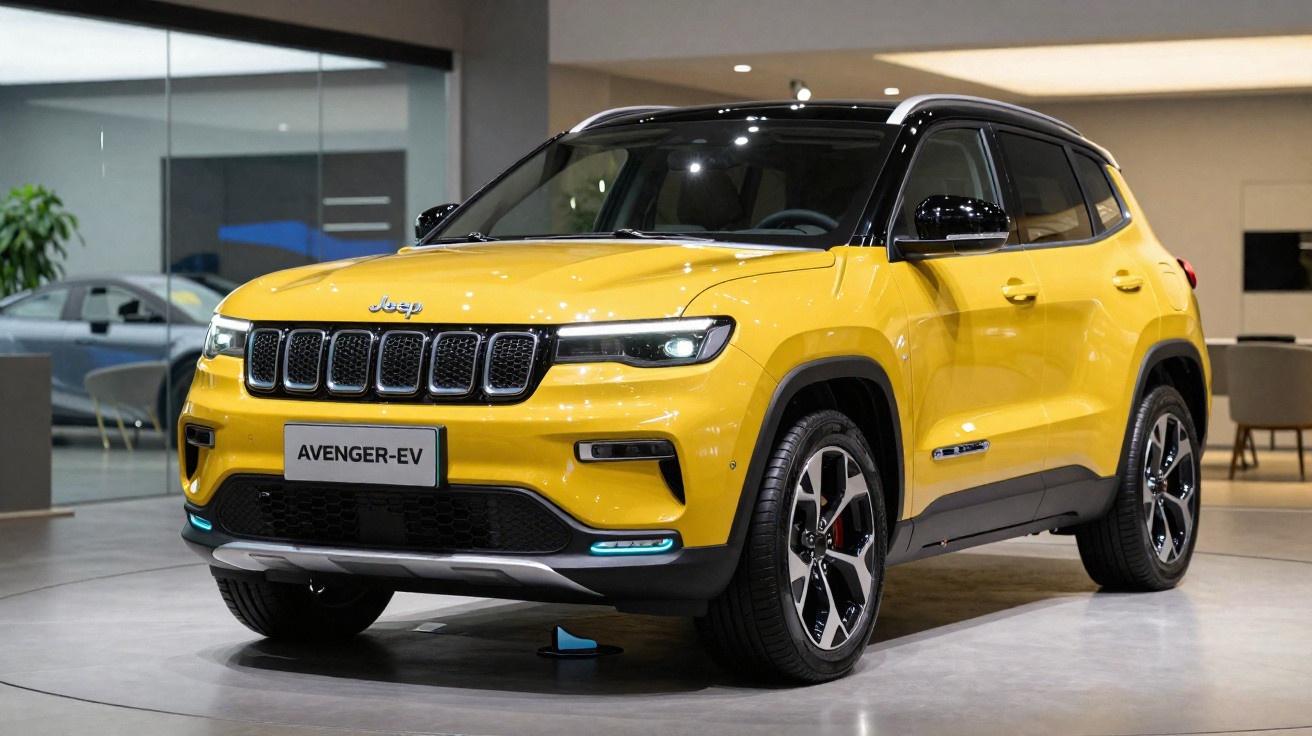 SUV électrique Jeep Avenger jaune exposé en intérieur avec toit noir et jantes alliage.