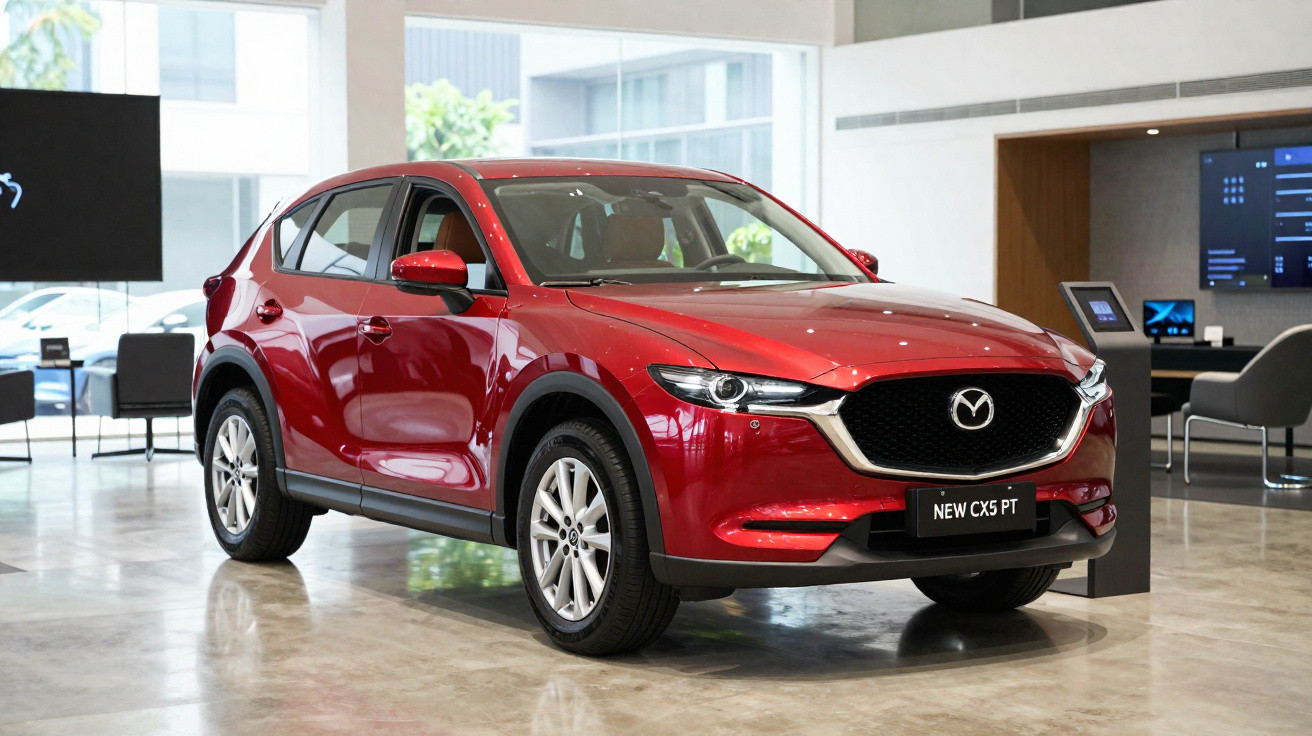 Voiture SUV compacte rouge Mazda CX-5 neuve exposée dans un showroom lumineux.