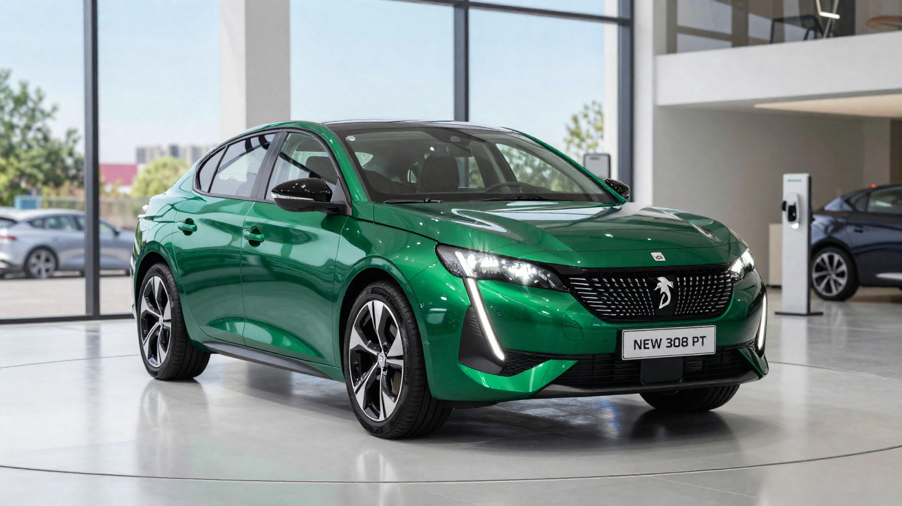 Voiture Peugeot 308 verte brillante stationnée dans un showroom moderne avec grandes fenêtres.