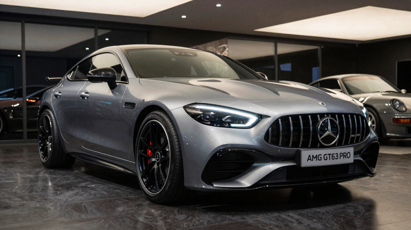 Voiture de sport Mercedes-Benz AMG GT63 PRO grise, vue trois-quarts avant dans un showroom moderne.