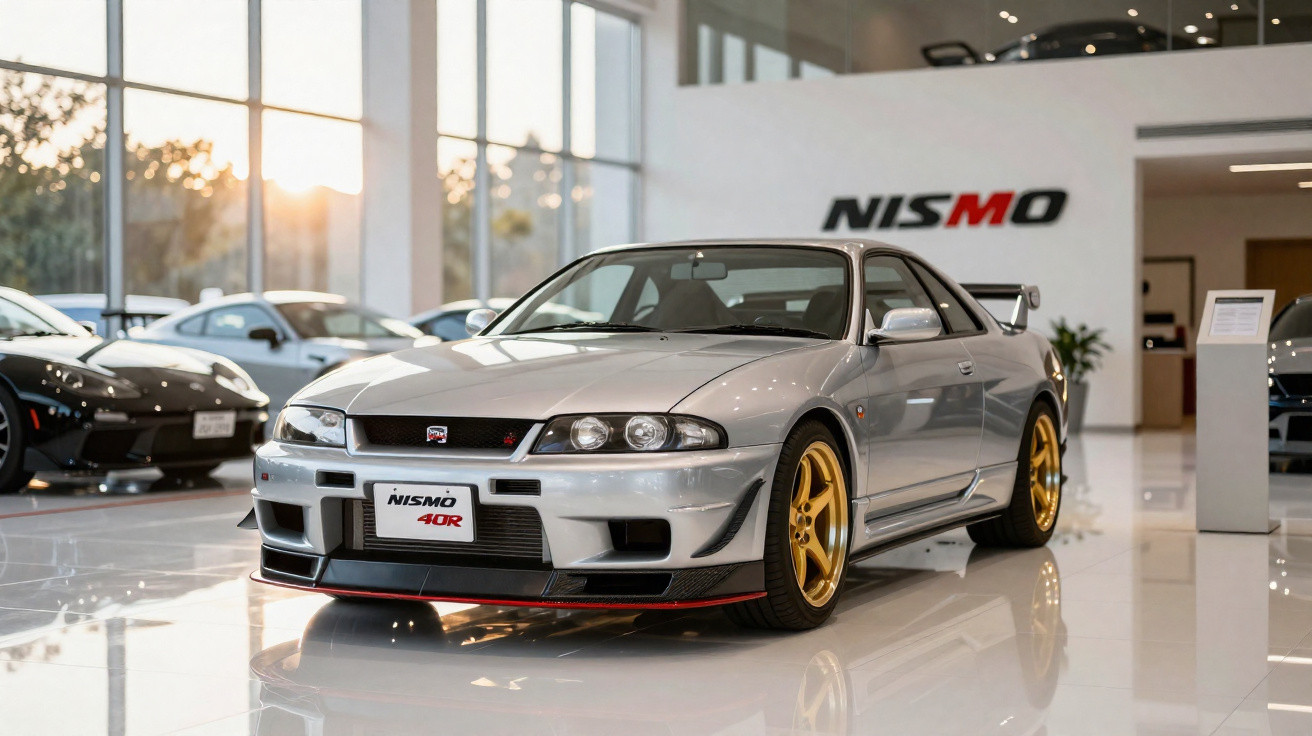 Voiture de sport Nissan Skyline GT-R R33 argentée avec jantes dorées dans un showroom Nismo moderne.