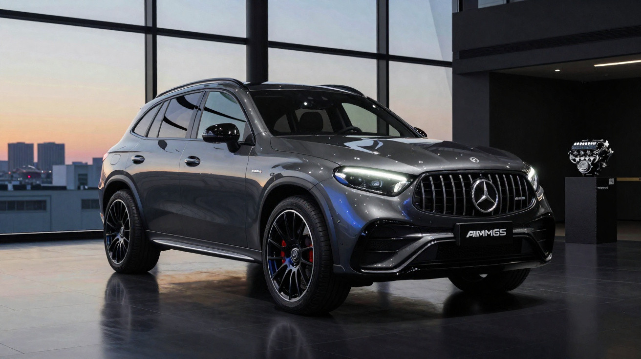 Véhicule SUV Mercedes-AMG G5 gris métallisé dans un showroom moderne avec éclairage tamisé au crépuscule.