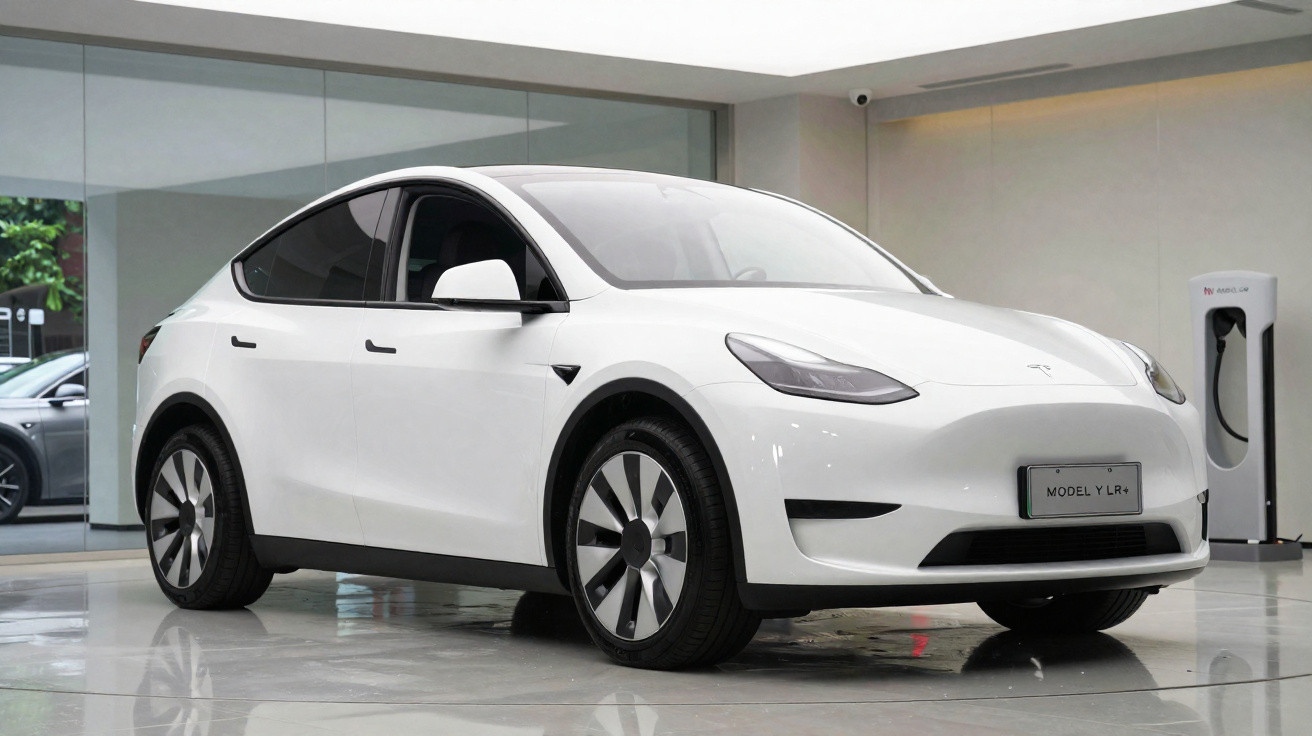 Voiture électrique Tesla Model Y blanche stationnée à l'intérieur près d'une borne de recharge.