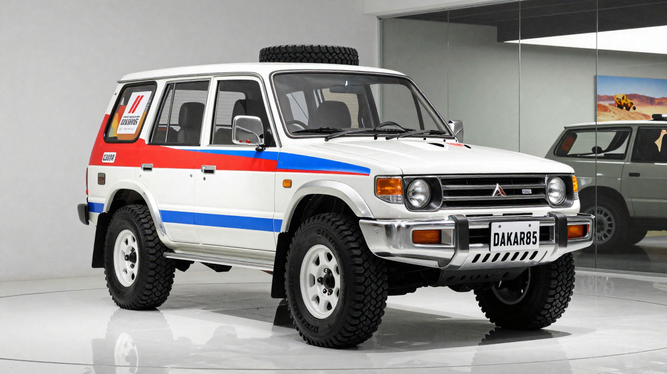 Véhicule tout-terrain blanc avec bandes bleues et rouges, pneus renforcés, plaque Dakar 85 dans un studio.