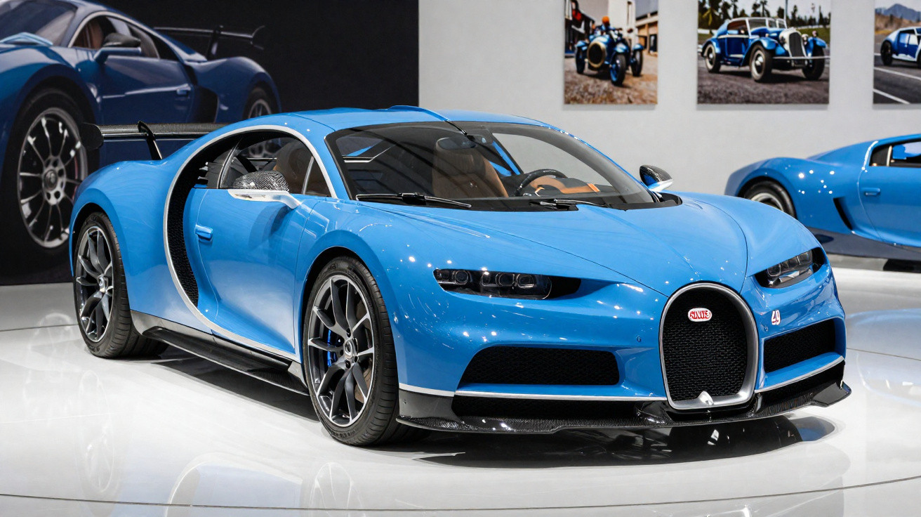 Voiture de sport Bugatti Chiron bleue exposée dans un showroom moderne avec d'autres voitures en arrière-plan.