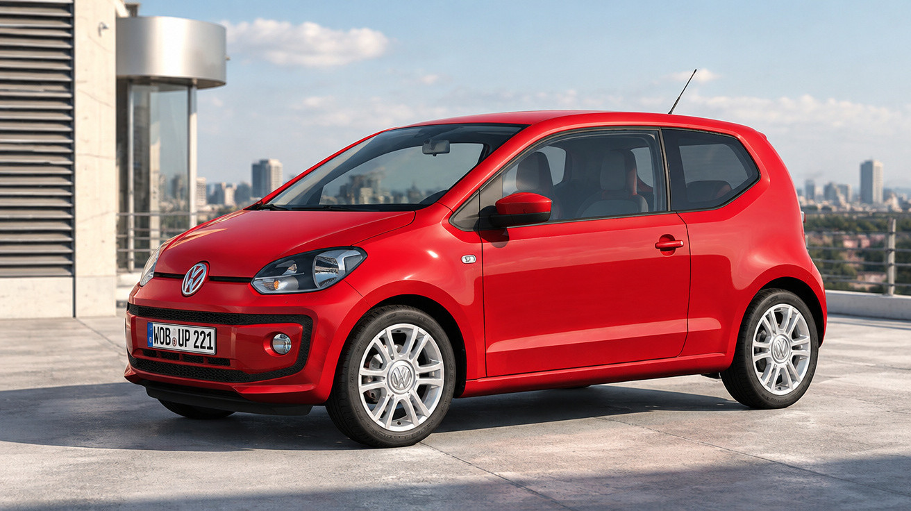 Voiture Volkswagen rouge compacte à deux portes garée sur un toit avec vue sur la ville en arrière-plan.
