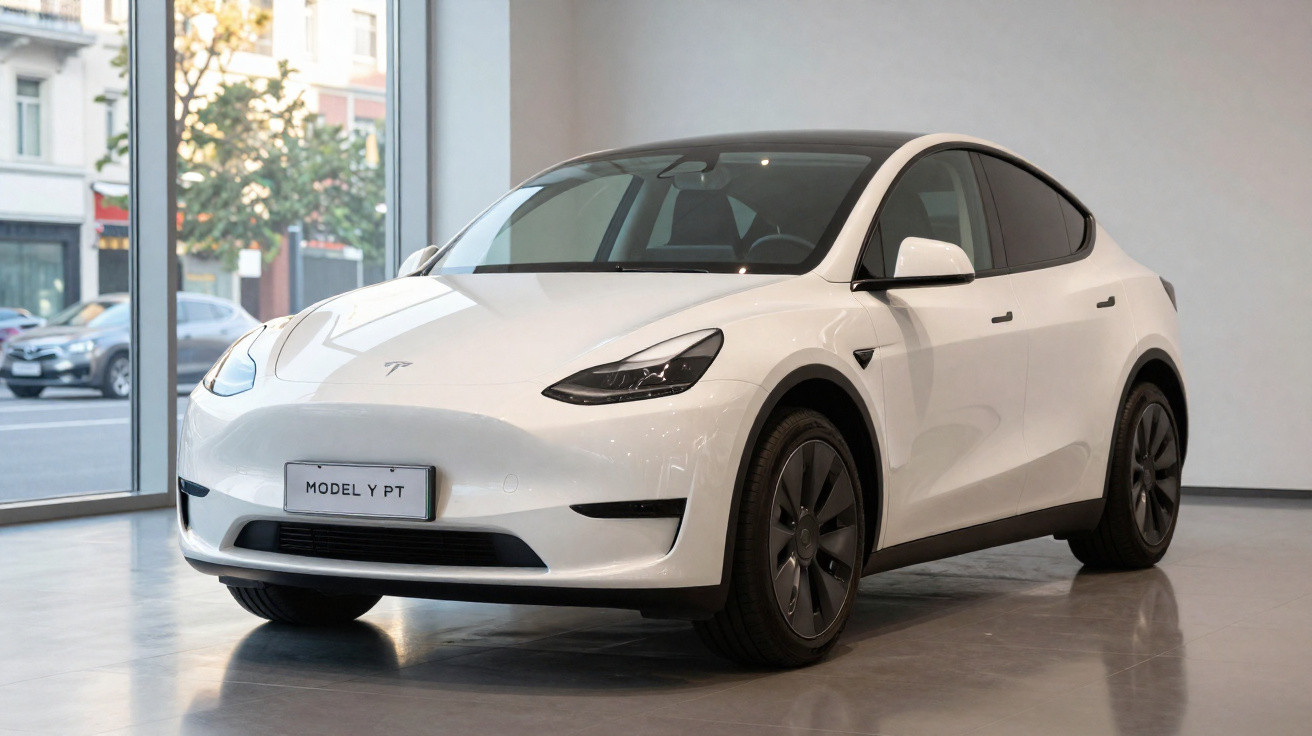 Voiture électrique blanche Tesla Model Y exposée en intérieur avec grandes fenêtres et lumière naturelle.