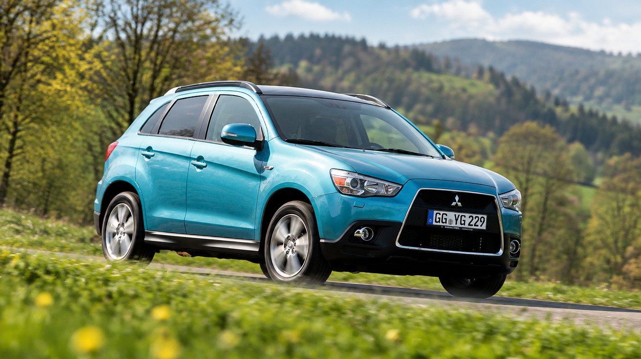 SUV bleu roulant sur une route de campagne avec végétation verte et arbres en arrière-plan.