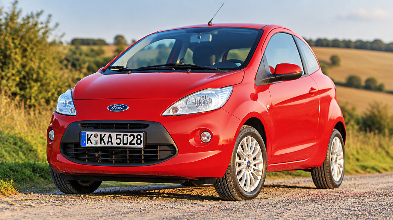 Voiture compacte rouge Ford Ka stationnée sur une route de campagne au coucher du soleil.