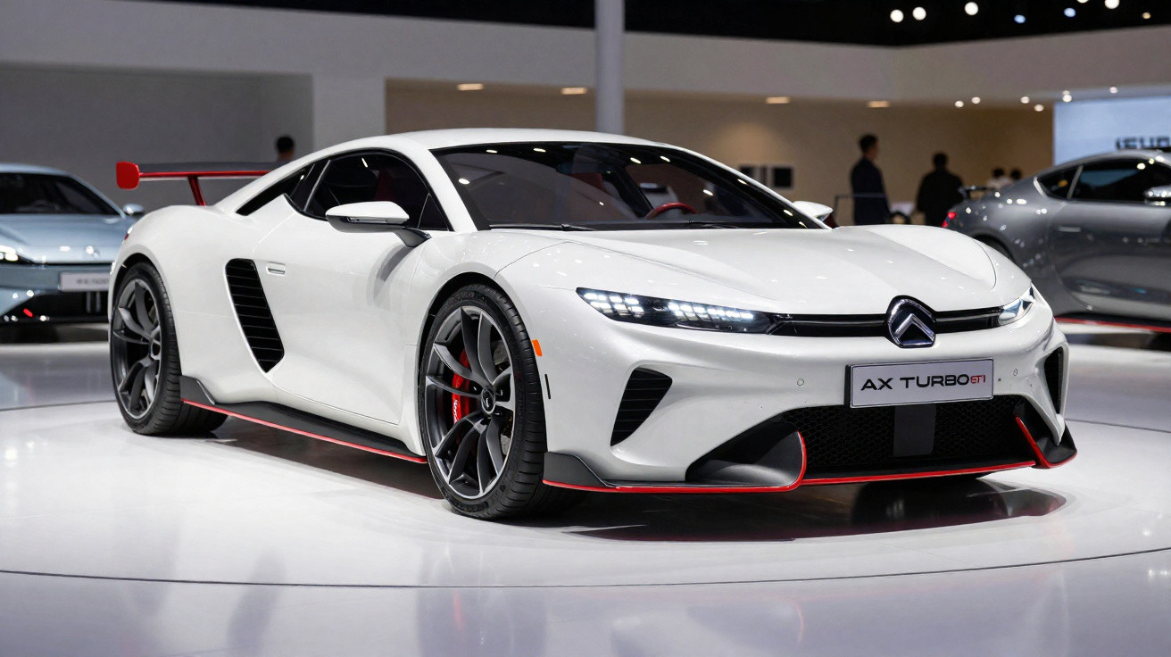 Voiture de sport blanche Citroën AX Turbo GT sur un podium lors d'un salon automobile intérieur.