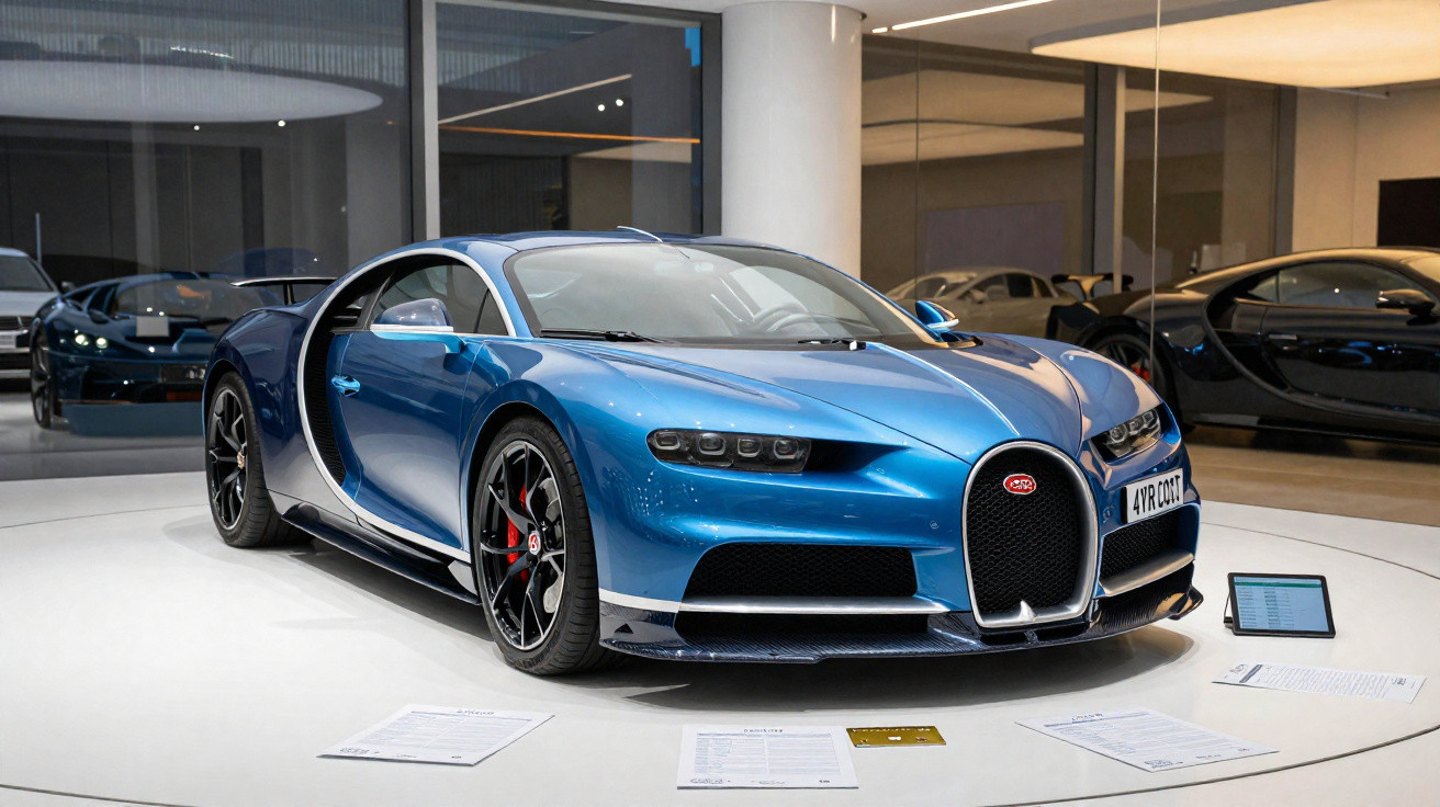 Voiture de sport Bugatti Chiron bleue exposée dans un showroom moderne avec documents posés au sol.