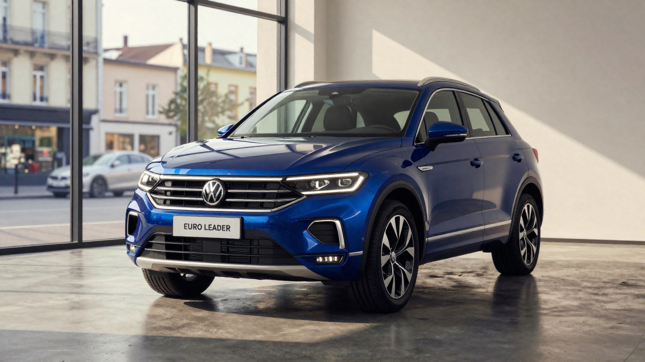 Véhicule Volkswagen SUV bleu garé dans un showroom lumineux avec grandes fenêtres donnant sur la ville.