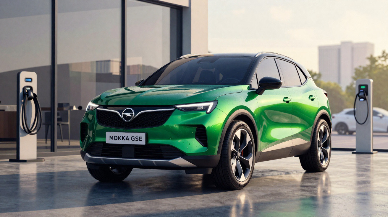 SUV électrique Opel Mokka GSE vert stationné près de bornes de recharge devant un bâtiment moderne.