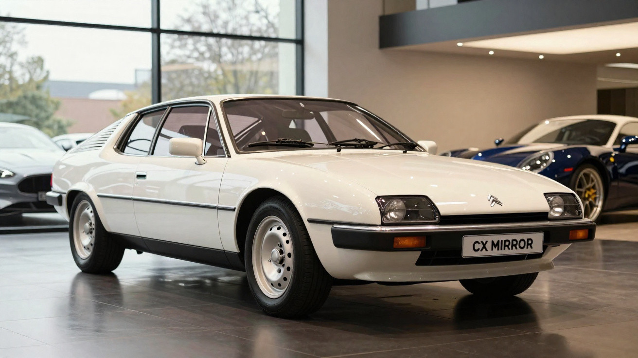 Voiture blanche Citroën CX Mirror vintage exposée dans une salle d'exposition moderne.