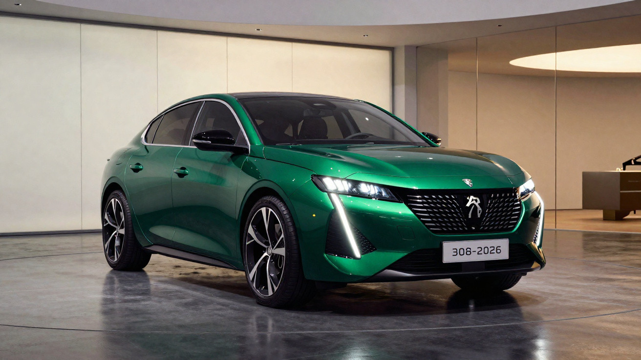 Voiture Peugeot 308 verte moderne garée dans un intérieur minimaliste avec éclairage doux.