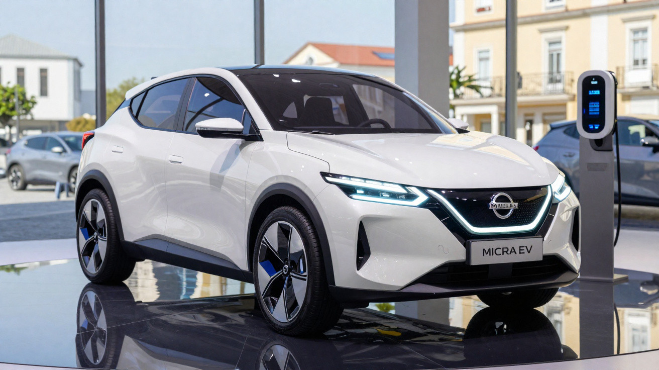 Voiture électrique Nissan Micra EV blanche exposée près d'une borne de recharge dans un showroom moderne.